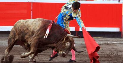 Miguel &Aacute;ngel Perera torea a &#039;Hechicero&#039; este jueves en la plaza de Vista Alegre, en Bilbao. 