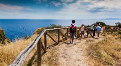 Sendero sobre la bahía de Zurletto, en la isla de Capraia (Italia).