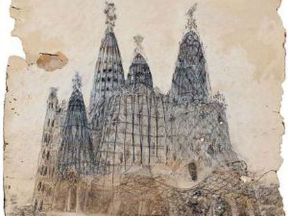 Dibujo con la perspectiva exterior de la iglesia de la Colonia Güell, de Antoni Gaudí.