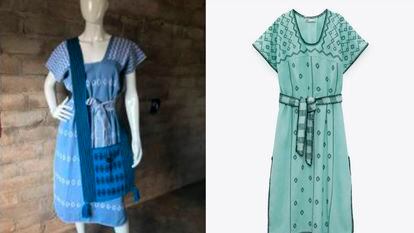 Un vestido elaborado por indígenas mixtecas de Oaxaca (izquierda) y uno muy similar de la marca española Zara (derecha).
