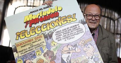 Ibáñez sosté la portada del seu nou treball 'Eleccions!', amb Mortadel·lo i Filemó com a protagonistes.