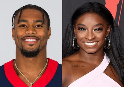 El jugador de fútbol americano Jonathan Owens, a la izquierda, y la gimasta olímpica Simone Biles, a la derecha.