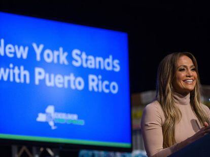 Jennfier Lopez, en la presentación de la iniciativa para ayudar a Puerto Rico, este domingo en Nueva York.