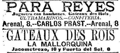 Anuncios de gâteaux des rois o roscones de Reyes, 5 de enero de 1898