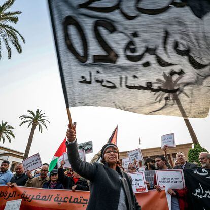 People shout slogans marking the anniversary of Morocco's pro-reform movement, during a protest against the high cost of living on February 20, 2023 in Rabat. (Photo by FADEL SENNA / AFP) (Photo by FADEL SENNA/AFP via Getty Images)
