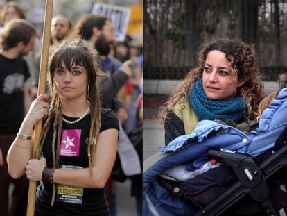 Mercedes Murillo, a la izquierda, en una manifestación de 2011. A la derecha, este viernes en el Retiro con su hijo.