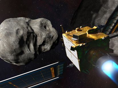Ilustración de la sonda DART aproximándose al asteroide que golpeará. 