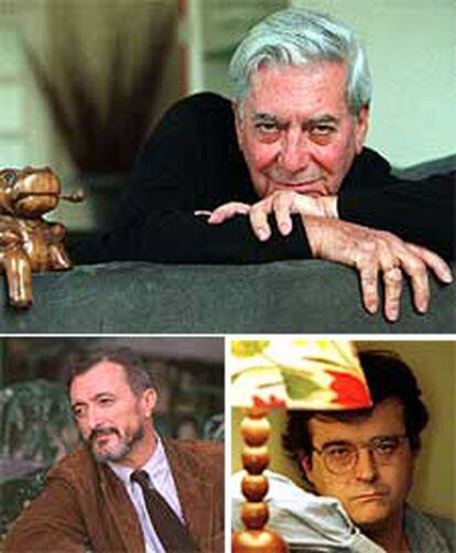 Los escritores Mario Vargas Llosa (arriba), Arturo Pérez-Reverte (a la izquierda) y Javier Cercas.