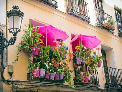 Un balcón decorado con flores y plantas en Madrid.