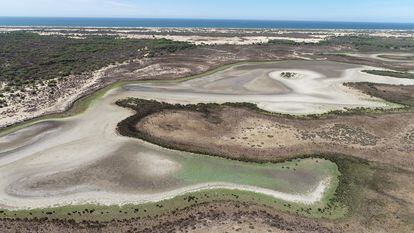 Vista aérea de la laguna permanente de Santa Olalla, en Doñana, seca por completo este viernes.