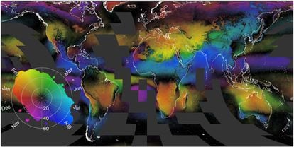 El mapa muestra la distribuci&oacute;n de las nubes desde 1999. En negro las zonas con mayor nubosidad anual. Los distintos colores y su intensidad muestran las variaciones mensuales.