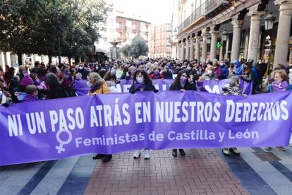 Cabecera de la manifestación convocada para el 2 de abril por el Movimiento Feminista en Castilla y León en Valladolid con el lema "Ni un paso atrás en nuestros derechos", especialmente en lo referente a la violencia de género.