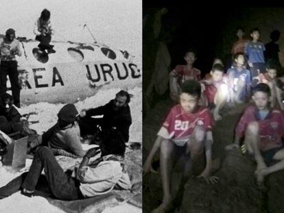 Los sobrevivientes del vuelo uruguayo que se estrelló contra los Andres, en 1972, (a la izquierda) y la primera imagen de los niños tailandeses atrapados en una cueva, en 2018 (a la derecha).
