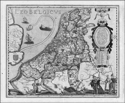 Los Países Bajos retratados sobre el león Leo Belgicus en 1617.