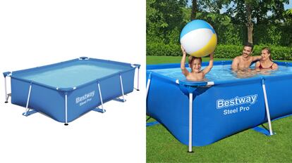 Se trata de una piscina rectangular con varias patas de refuerzo que ofrecen una gran estabilidad.