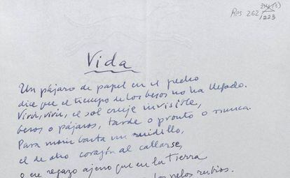 Poema manuscrito de Vicente Aleixandre, digitalizado por la BNE.