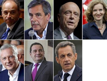 Los siete candidatos en las primarias de Los Republicanos. Arriba: Jean-Francois Copé, François Fillon, Alain Juppé, Nathalie Kosciusko-Morizet. Abajo: Bruno Le Maire, Jean-Frédéric Poisson y Nicolas Sarkozy.