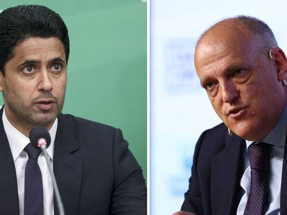 Nasser Al-Khelaifi, presidente del PSG y de Bein Media, y Javier Tebas, presidente de LaLiga