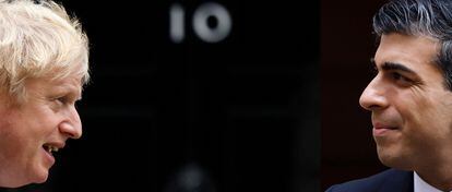 Fotomontaje ante la entrada de Downing Street con el ex primer ministro, Boris Johnson, y el exministro de Economía, Rishi Sunak, que podrían acabar disputando el liderazgo del Partido Conservador.
