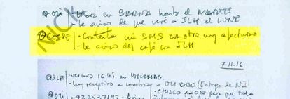 Una anotación en la agenda de Villarejo, donde se lee: "Cospe: contesta mi SMS con otro muy afectuoso", según consta en el sumario.