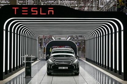 Tesla Model Y cars at the plant in Gruenheide, Germany.