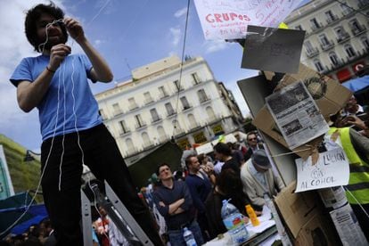 Uno de jóvenes acampados en la Puerta del Sol.