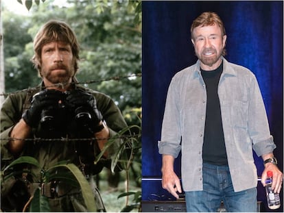 Chuck Norris en ‘Desaparecido en combate’ (1984), una de sus películas más célebres, y en la feria Comic Con de Filadelfia en 2017.