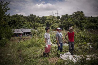Campesinos aprendices escuchan las instrucciones de una compañera con más experiencia en una granja en la localidad de Sheung Shui.