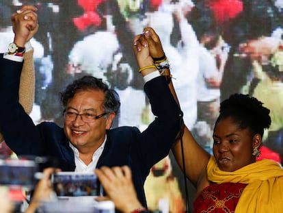 El candidato de la coalición Pacto Histórico, Gustavo Petro, este domingo en Bogotá.