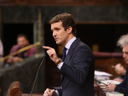 El presidente del PP, Pablo Casado, en el Congreso de los Diputados.