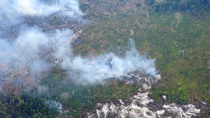 Vista aérea de un incendio en activo. 