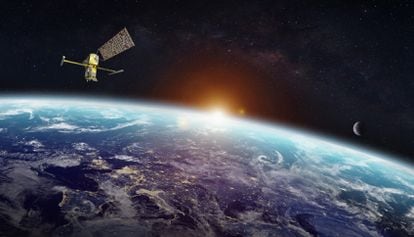 Recreación de un satélite de la NASA que monitoriza el agua de la Tierra.