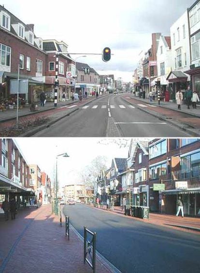 La calle mayor de Haren en 2004 (arriba) y sin señales.