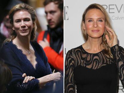 Renée Zellweger caracterizada como Bridget Jones durante el rodaje de la nueva película y, a la derecha, en su polémica aparición de hace un año.