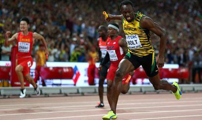Bolt, durant el 4x100, als Mundials de Pequín.