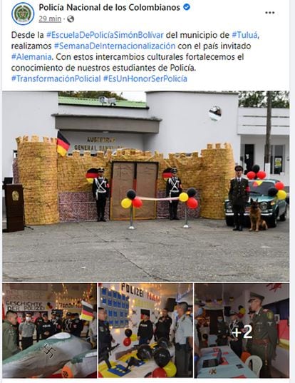 Imágenes de redes sociales de la Policía Nacional de Colombia muestran la actividad en la Escuela de Policía Simón Bolívar, de Tuluá, donde usaron uniformes y símbolos nazis.