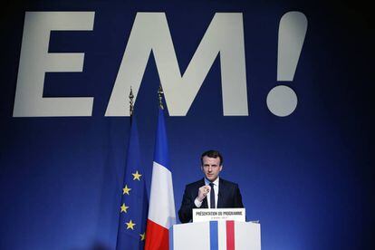 El l&iacute;der de En Marche!, Emmanuel Macron, durante un mitin el 2 de marzo en Par&iacute;s. 