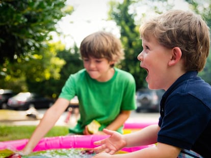 Dos niños juegan en el jardín.