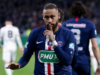 Neymar, después de marcar al Olympique de Lyón el 4 de marzo.