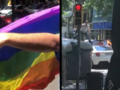 Dos instantes del vídeo en el que un asistente a la protesta de Vox insulta a un viandante con la bandera LGTB