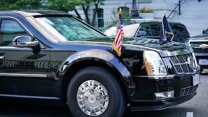 A Goodyear tire is seen on U.S. President Donald Trump's presidential limousine, known as the Beast, that is parked outside of the West Wing of the White House in Washington, D.C., U.S., August 20, 2020. REUTERS/Sarah Silbiger