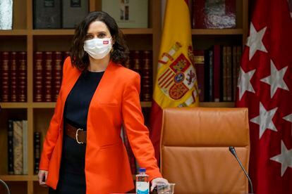 La presidenta de la Comunidad de Madrid, Isabel Díaz Ayuso, este lunes durante la reunión del Plan Territorial de Protección Civil de la Comunidad de Madrid.