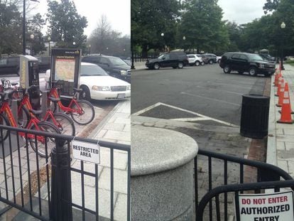 A la izquierda, estación del sistema de bicicleta compartida en la Casa Blanca. A la derecha, ese espacio cuando la base fue retirada