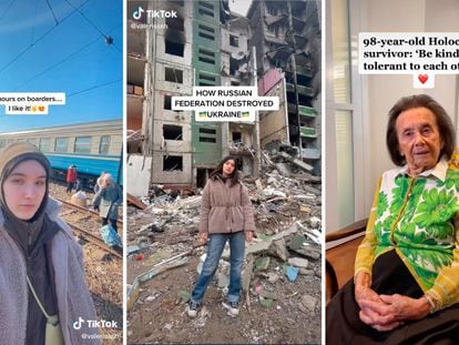 A la izquierda y en el centro, la ucraniana de 20 años Valeria Shashenok, relata en TikTok cómo son sus días en un búnker en Cherníhiv, donde se refugiaba con su familia de los bombardeos rusos en marzo de 2022. A la derecha: Lily Ebert, una superviviente del holocausto que con 98 años cuenta en TikTok su experiencia en Auschwitz a casi 2 millones de seguidores.