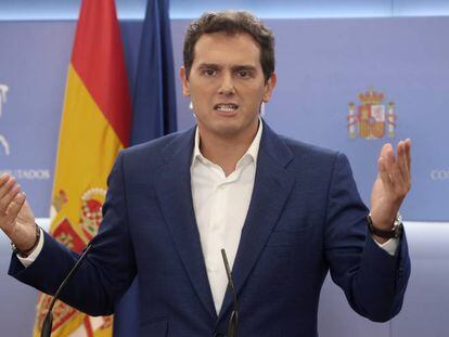 Rueda de prensa del presidente de Ciudadanos, Albert Rivera, en el Congreso, el pasado 9 de julio de 2019. 