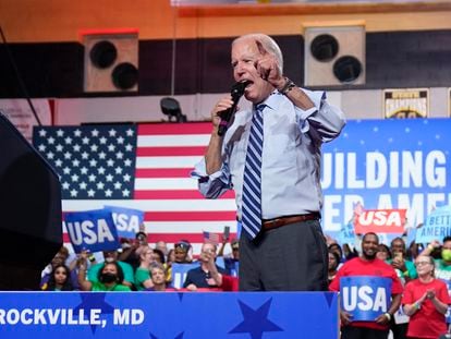 El presidente de EE UU, Joe Biden, durante un discurso en un mítin organizado por el Partido Demócrata en Rockville (Maryland).