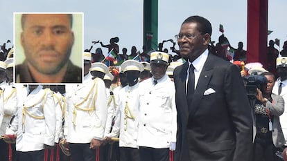 Teodoro Obiang, presidente de Guinea Ecuatorial, en Malabo en noviembre de 2022. Arriba, a la izquierda, su hijo Carmelo Ovono, investigado en España por secuestro y torturas.