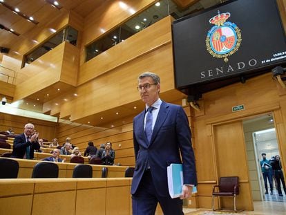 Alberto Núñez Feijóo, el miércoles, a su llegada a la sesión de control al Gobierno en el Senado.