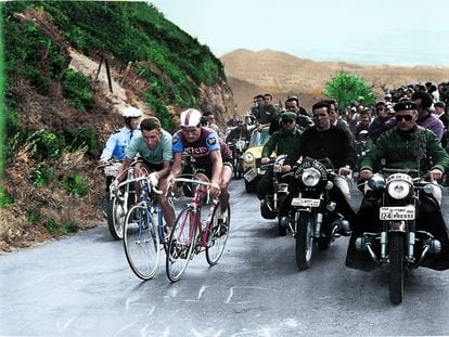 Anquetil, a la izquierda, y Poulidor, en su hombro a hombro en el Puy de Dôme del Tour del 64.