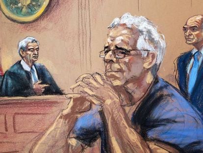 Dibujo de la audiencia de Jeffrey Epstein el 31 de julio por su imputación en un caso de explotación sexual a decenas de niñas en el tribunal de Nueva York.